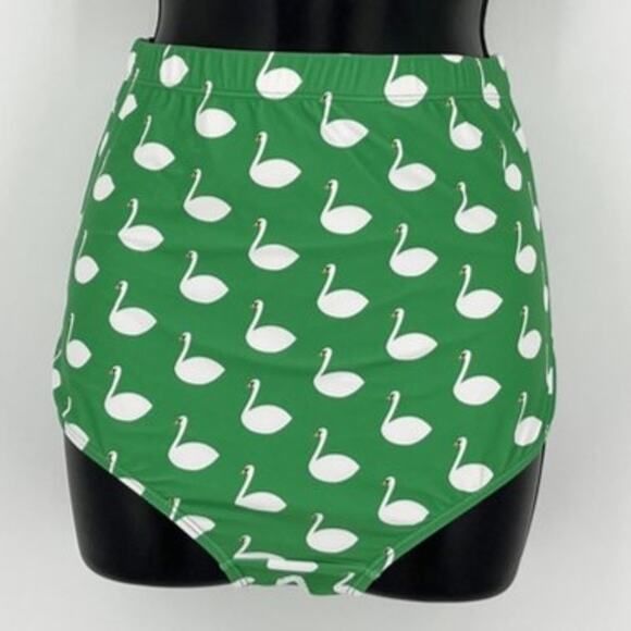 Swimsuit Green & White Swan Print Bombshell Bikini Bottom Only Size Small - Picture 1 of 6